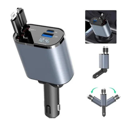 Adapter samochodowyj 4 w 1 | Porty USB i typu C | Na iPhone'a, Androida, tablety i laptopy | Wysuwane i zwijane kable | uniwersalność pojazdów 12V-24V | Inteligentny monitor wytrzymałościowy | Certyfikat bezpieczeństwa ładowania