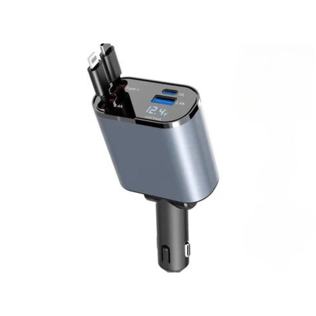 Adapter samochodowyj 4 w 1 | Porty USB i typu C | Na iPhone'a, Androida, tablety i laptopy | Wysuwane i zwijane kable | uniwersalność pojazdów 12V-24V | Inteligentny monitor wytrzymałościowy | Certyfikat bezpieczeństwa ładowania