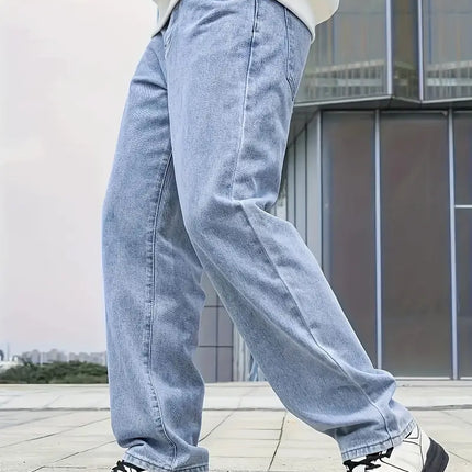 Lekko sprane męskie dżinsy w stylu vintage z prostymi nogawkami | Klasyczny komfort | Dopasowanie ze stanem | Wszechstronny styl | 100% bawełna | Wiele rozmiarów | Jasnoniebieski | Trwała odzież na co dzień | Wygodny, niewielki wygląd