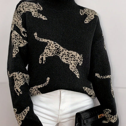 Damski golf z długim rękawem | Lampart | Dopasowane dopasowanie | Elegancki sweter jesienno-zimowy