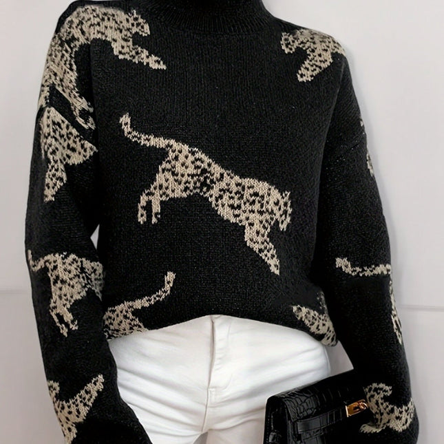 Damski golf z długim rękawem | Lampart | Dopasowane dopasowanie | Elegancki sweter jesienno-zimowy