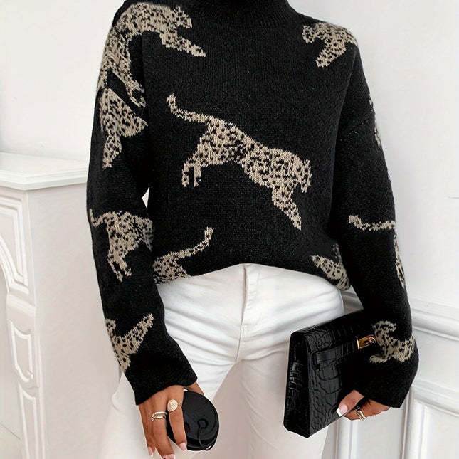 Damski golf z długim rękawem | Lampart | Dopasowane dopasowanie | Elegancki sweter jesienno-zimowy
