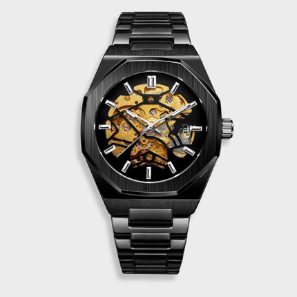 Męski automatyczny zegarek Phantom ze stali nierdzewnej | Czarna tarcza 42 mm | Srebrny pasek | Wodoodporny 30m | Elegancki wygląd | Regulowany rozmiar | Nadaje się na każdą okazję