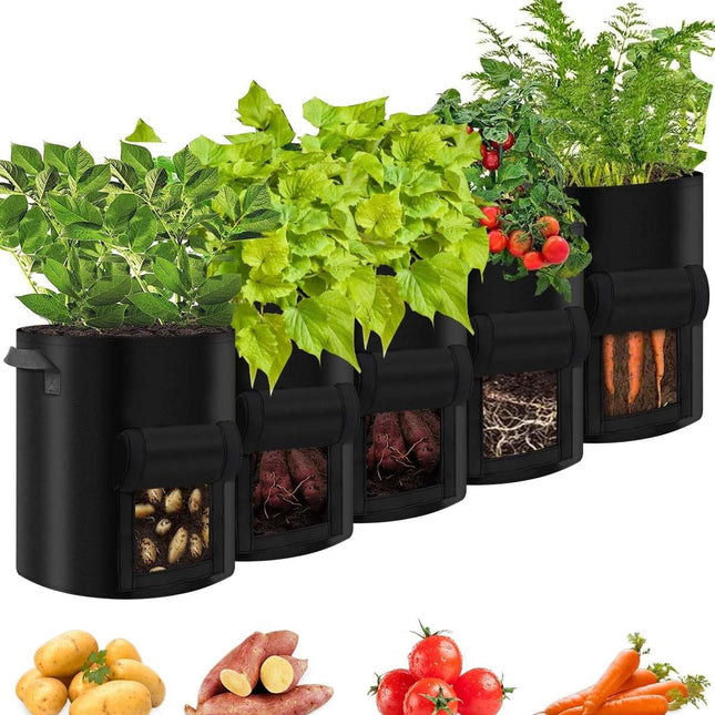 5 paczek | Torby do uprawy o pojemności 10 galonów | Wytrzymała włóknina 450g | Z uchwytami | Czy warzywa korzeniowe | Zawiera 10 etykiet | Oddychający i drenaż | Wewnątrz i na zewnątrz | Idealny do pobytu, cebuli, czosnku