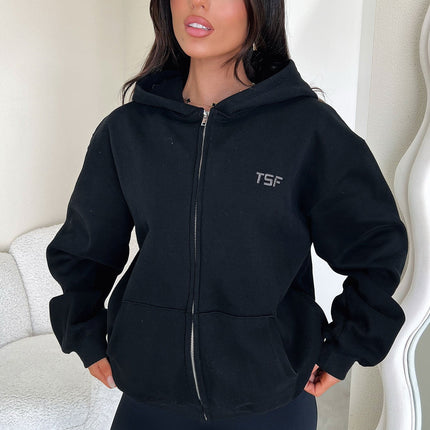 Czarna bluza z dekoltem Dale | Miękka mieszanka bawełny | Pełna długość ze srebrnym zamkiem | Bluza z kapturem | Haftowane logo TSF | Casualowa odzież wierzchnia na co dzień