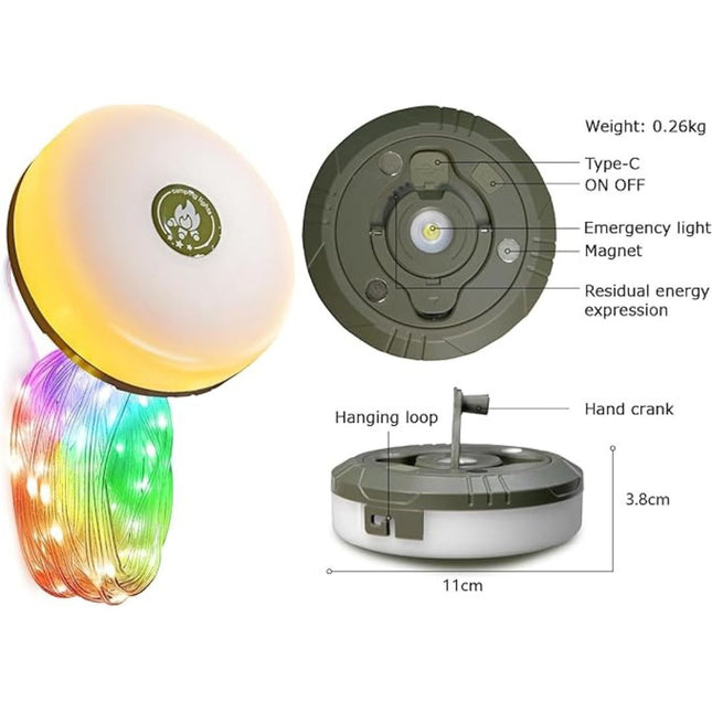 Uniwersalna lampa kempingowa typu „wszystko w jednym” | Akumulator USB | 5 trybów + światło awaryjne | Trwały ABS | Wodoodporność IP44 | Drut miedziany 10M | Przenośna latarka | Podstawa magnetyczna z haczykami | Uniwersalne zastosowanie na zewnątrz