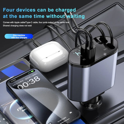 Adapter samochodowyj 4 w 1 | Porty USB i typu C | Na iPhone'a, Androida, tablety i laptopy | Wysuwane i zwijane kable | uniwersalność pojazdów 12V-24V | Inteligentny monitor wytrzymałościowy | Certyfikat bezpieczeństwa ładowania