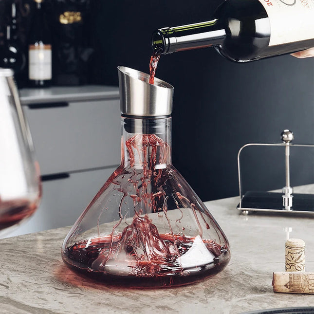 Karafka do wina, dmuchana, bezołowiowa, kryształowa o pojemności 1500 ml | Aerator 12-kanałowy | Filtr ze stali nierdzewnej | Baza pod wodospadem | Wzmocnij aromat i smak