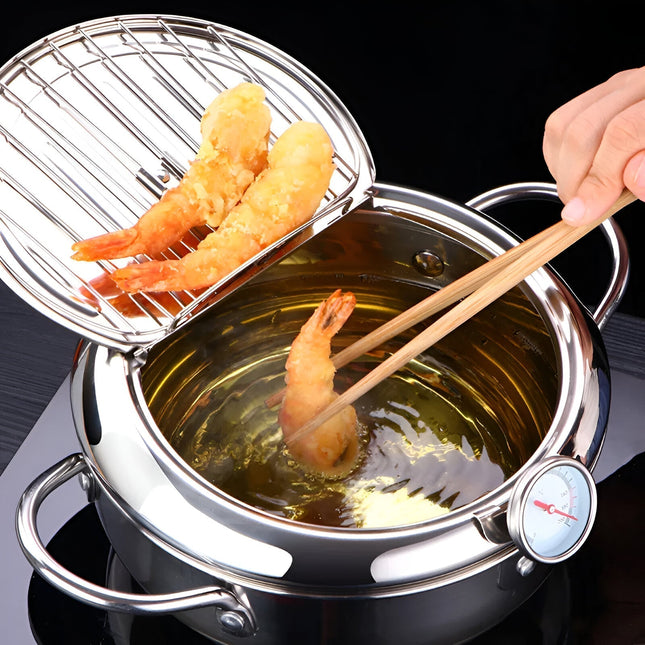 Garnek do smażenia ze stali nierdzewnej | Zintegrowany termometr | Stojak do spuszczania oleju | Uchwyty Cool-Touch | Pojemność 2,2 li 3,2 l | Odporne na ciepło | Zrób idealnego smażenia | Srebro | Bezpieczny i wydajny | Domowa kuchnia Niezbędna