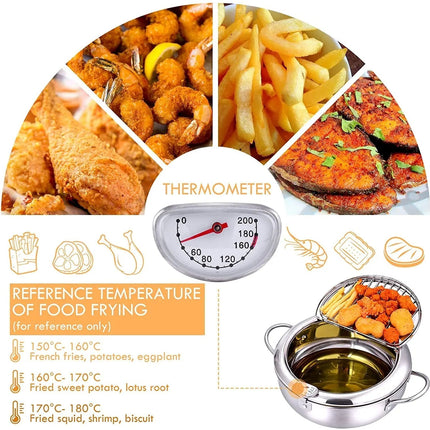 Garnek do smażenia ze stali nierdzewnej | Zintegrowany termometr | Stojak do spuszczania oleju | Uchwyty Cool-Touch | Pojemność 2,2 li 3,2 l | Odporne na ciepło | Zrób idealnego smażenia | Srebro | Bezpieczny i wydajny | Domowa kuchnia Niezbędna