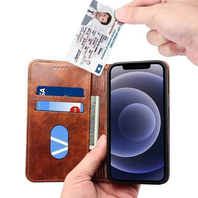 Pokrowiec z prawdziwej skóry Luxura | Etui-portfel do iPhone'a 12 | Zamknięcie magnetyczne | Etui na karty i kieszeń na gotówkę | Odporny na wstrząsy i zarysowania
