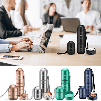 Organizator na leki z aluminium | 7-dniowy pojemnik na tabletki | Wodoodporny, transportowe etui | Kolory: różowe złoto, srebrny, niebieski, zielony, czarny | Noustia