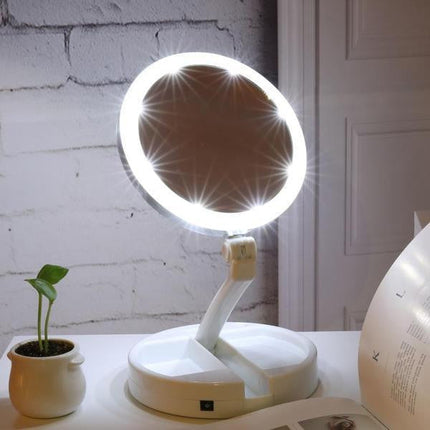 Lusterko do makijażu z podświetleniem LED | Składane podróżne lśniące dwustronne 12x i 1x | Bez zniekształceń | Regulowana wysokość do 33cm | Na baterię lub zasilanie przewodowe | Biała dioda LED