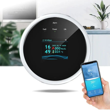 Detektor gazu LCD | Mobilne podział | Pomiar czasu i temp. | Wykrywanie metanu, butanu, propanu | Nowoczesny projekt, możliwa instalacja | Domowy strażnik, bezpieczeństwo w domu