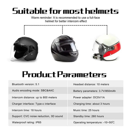 Noustia | Interkom Motocyklowy Bluetooth | Zasięg 800m | Woododporność | Do 6 Użytkowników | Wytrzymała Metalowa Złączka | Ładowanie Typ-C | Idealny na Każdą Wyprawę