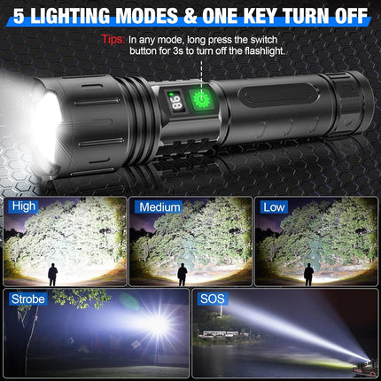 Noustia | Latarka taktyczna LED 100000 lumenów | Bateria 5000mAh | Ładowanie Type-C | Wodoodporna IPX5 | Zoom i różne tryby | Funkcja power banku | Wyświetlacz LCD | Aluminium lotnicze | Przenośna