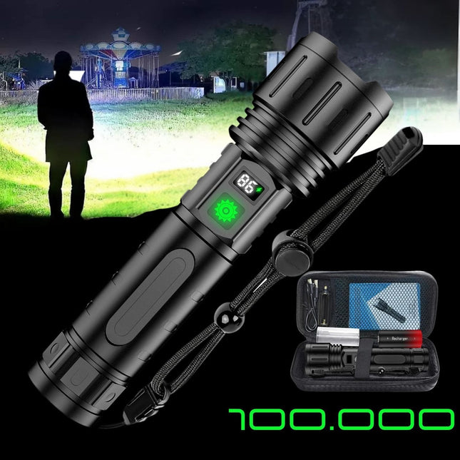 Noustia | Latarka taktyczna LED 100000 lumenów | Bateria 5000mAh | Ładowanie Type-C | Wodoodporna IPX5 | Zoom i różne tryby | Funkcja power banku | Wyświetlacz LCD | Aluminium lotnicze | Przenośna