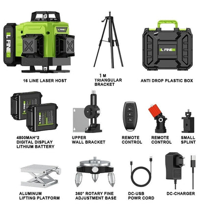 16-liniowy laser 4D | 360° zasięg | Bluetooth | Bateria Li-ion & ładowanie Type-C | Samopoziomujący | Odporny na kurz i wodę | Kompaktowy design dla profesjonalnej precyzji | Zasięg do 200 stóp