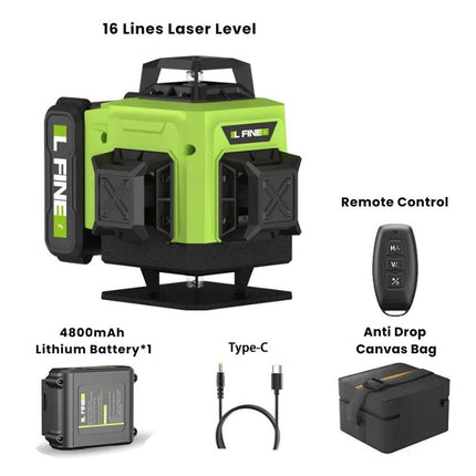 16-liniowy laser 4D | 360° zasięg | Bluetooth | Bateria Li-ion & ładowanie Type-C | Samopoziomujący | Odporny na kurz i wodę | Kompaktowy design dla profesjonalnej precyzji | Zasięg do 200 stóp