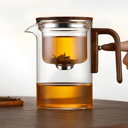 Szklany dzbanek do herbaty z drewnianym uchwytem | Szkło borokrzemowe | Pojemność 550ml | System jednego kliknięcia | Odporność termiczna | Bezpieczny w zmywarce | Wygodny uchwyt | genialny projekt