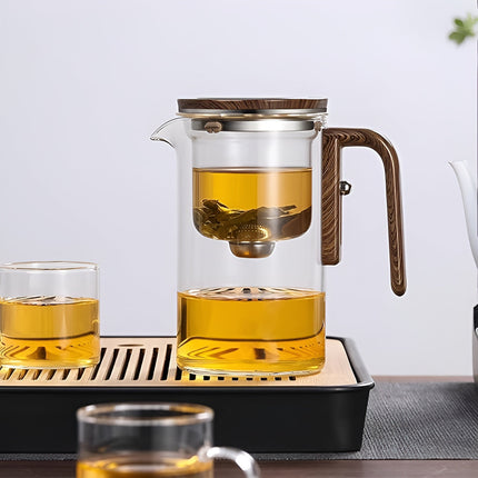Szklany dzbanek do herbaty z drewnianym uchwytem | Szkło borokrzemowe | Pojemność 550ml | System jednego kliknięcia | Odporność termiczna | Bezpieczny w zmywarce | Wygodny uchwyt | genialny projekt