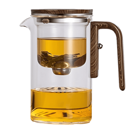 Szklany dzbanek do herbaty z drewnianym uchwytem | Szkło borokrzemowe | Pojemność 550ml | System jednego kliknięcia | Odporność termiczna | Bezpieczny w zmywarce | Wygodny uchwyt | genialny projekt