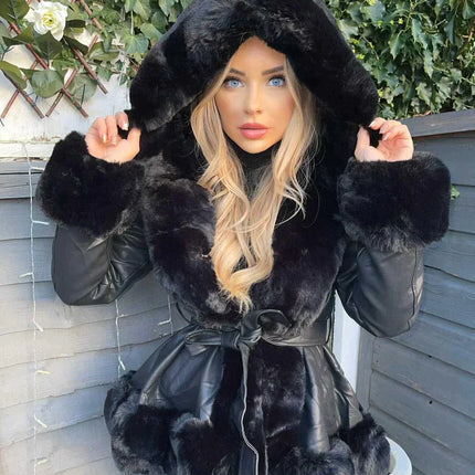 Debra Zimowa bluza z kapturem i futrzanym kołnierzem | Dekolt w kształcie litery V | Z paskiem | Poliester Spandex | Biały | Rozmiary XS-2XL