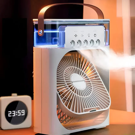 Przenośna chłodnica powietrza 3 w 1 | Nawilżacz | Oczyszczacz | 10W | Zbiornik 700ml | Zasilanie USB/AC | Idealny do sypialni, biura | Lampka nocna LED | Regulowane prędkości wentylatora | Chłodzenie wyparne | 720g | Kompaktowy i elegancki wygląd