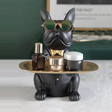 Skarbonka z żywicy buldoga francuski | Wielofunkcyjna statua do przechowywania | 23,5 cm x 19 cm x 20 cm | Akcent dostępny w domu | Taca do przechowywania i okulary | Stylowa skarbonka i pudełko na słodycze