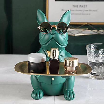Skarbonka z żywicy buldoga francuski | Wielofunkcyjna statua do przechowywania | 23,5 cm x 19 cm x 20 cm | Akcent dostępny w domu | Taca do przechowywania i okulary | Stylowa skarbonka i pudełko na słodycze
