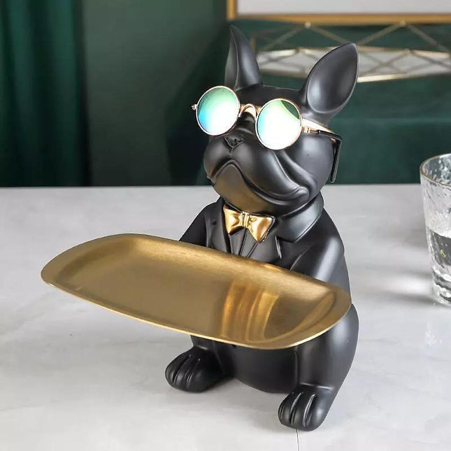 Skarbonka z żywicy buldoga francuski | Wielofunkcyjna statua do przechowywania | 23,5 cm x 19 cm x 20 cm | Akcent dostępny w domu | Taca do przechowywania i okulary | Stylowa skarbonka i pudełko na słodycze