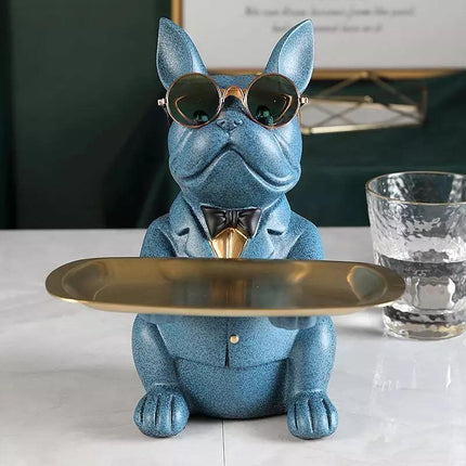 Skarbonka z żywicy buldoga francuski | Wielofunkcyjna statua do przechowywania | 23,5 cm x 19 cm x 20 cm | Akcent dostępny w domu | Taca do przechowywania i okulary | Stylowa skarbonka i pudełko na słodycze