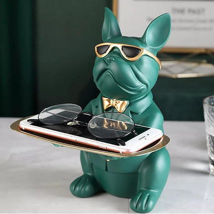 Skarbonka z żywicy buldoga francuski | Wielofunkcyjna statua do przechowywania | 23,5 cm x 19 cm x 20 cm | Akcent dostępny w domu | Taca do przechowywania i okulary | Stylowa skarbonka i pudełko na słodycze