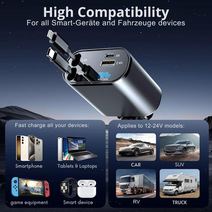 Adapter samochodowyj 4 w 1 | Porty USB i typu C | Na iPhone'a, Androida, tablety i laptopy | Wysuwane i zwijane kable | uniwersalność pojazdów 12V-24V | Inteligentny monitor wytrzymałościowy | Certyfikat bezpieczeństwa ładowania