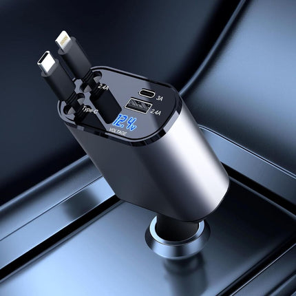Adapter samochodowyj 4 w 1 | Porty USB i typu C | Na iPhone'a, Androida, tablety i laptopy | Wysuwane i zwijane kable | uniwersalność pojazdów 12V-24V | Inteligentny monitor wytrzymałościowy | Certyfikat bezpieczeństwa ładowania