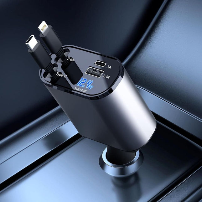 Adapter samochodowyj 4 w 1 | Porty USB i typu C | Na iPhone'a, Androida, tablety i laptopy | Wysuwane i zwijane kable | uniwersalność pojazdów 12V-24V | Inteligentny monitor wytrzymałościowy | Certyfikat bezpieczeństwa ładowania