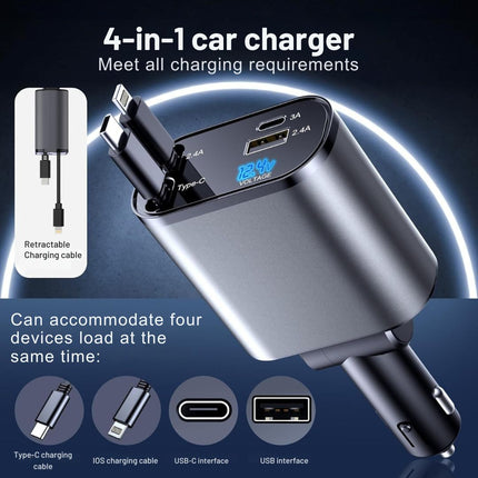 Adapter samochodowyj 4 w 1 | Porty USB i typu C | Na iPhone'a, Androida, tablety i laptopy | Wysuwane i zwijane kable | uniwersalność pojazdów 12V-24V | Inteligentny monitor wytrzymałościowy | Certyfikat bezpieczeństwa ładowania