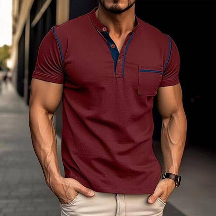 Męska koszulka polo Henley Collar Armoire Melbourne | Krótki rękaw | Projekt bloków kolorów | Dopasowany krój | Miękka, oddychająca tkanina | Wszechstronna odzież codzienna | Wiele wspólnych | Modny komfort dla młodych i starszych mężczyzn