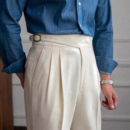 Szafa Melbourne | Brytyjski neapolitański | Męskie spodnie biurowe slim fit | Dopasowany krój z wysokim stanem | Nowoczesny i elegancki styl | Tkanina premium | Wszechstronna odzież biznesowa i codzienna