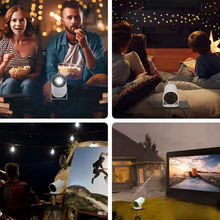 Mini projektor HD | Wi-Fi6 i Bluetooth 5.0 | Rozdzielczość 720p | Dekodowanie wideo 4K | Wbudowane aplikacje do strumieniowego | Wyświetlacz 130" | Automatyczna ostrość i Keystone | HDMI, USB, MicroSD | Przenośna konstrukcja | Trwała żarówka