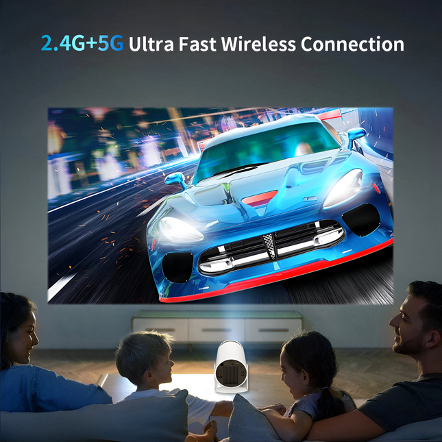 Mini projektor HD | Wi-Fi6 i Bluetooth 5.0 | Rozdzielczość 720p | Dekodowanie wideo 4K | Wbudowane aplikacje do strumieniowego | Wyświetlacz 130" | Automatyczna ostrość i Keystone | HDMI, USB, MicroSD | Przenośna konstrukcja | Trwała żarówka