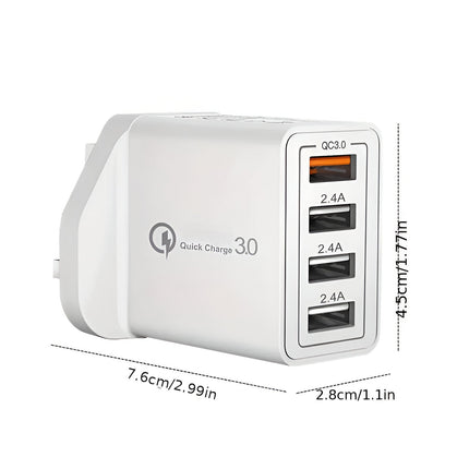 4-portowa ładowarka USB | Technologia QC3.0 | Wtyczka UK | Uniwersalna kompatybilność | Ognioodporna obudowa | Kompaktowy projekt | Idealna na podróż | Ochrona obciążeniowa i przed zwarciami | 36W | Szybkie ładowanie
