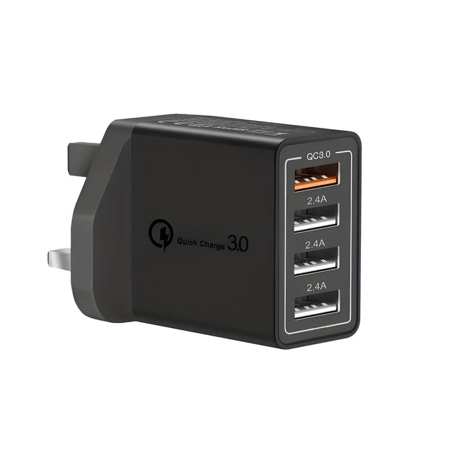 4-portowa ładowarka USB | Technologia QC3.0 | Wtyczka UK | Uniwersalna kompatybilność | Ognioodporna obudowa | Kompaktowy projekt | Idealna na podróż | Ochrona obciążeniowa i przed zwarciami | 36W | Szybkie ładowanie