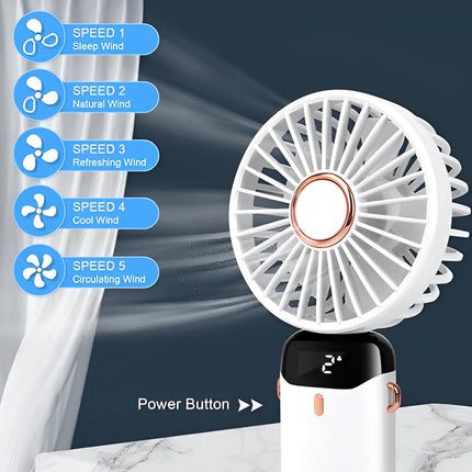 Ładowalny wentylator | 5-biegowe mini urządzenie użytkowe | Głowica regulowana 90° | Podwójna bateria 5000 mAh | Wyświetlacz LED | Niski poziom hałasu | Przenośny kieszonkowy rozmiar | Szybkie ładowanie typu C | Stylowy wygląd | Wielofunkcyjne