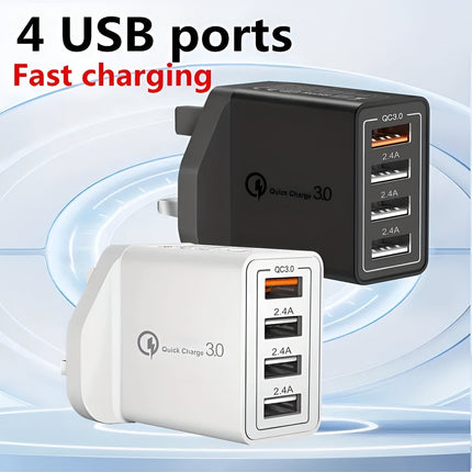 4-portowa ładowarka USB | Technologia QC3.0 | Wtyczka UK | Uniwersalna kompatybilność | Ognioodporna obudowa | Kompaktowy projekt | Idealna na podróż | Ochrona obciążeniowa i przed zwarciami | 36W | Szybkie ładowanie