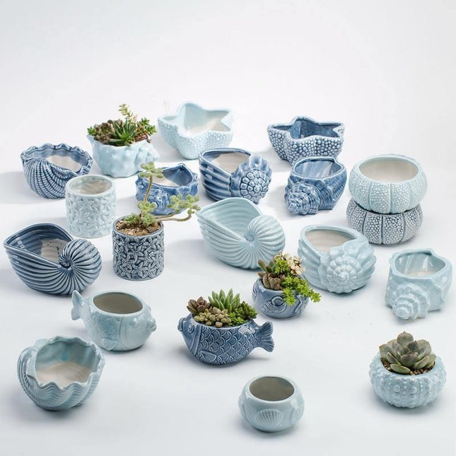 Ceramiczne, przeszklone donice inspirowane oceanem | Doniczki dekoracyjne w stylu nadmorskim | Opcje błękitu oceanu i turkusu | Dostępne różne rozmiary