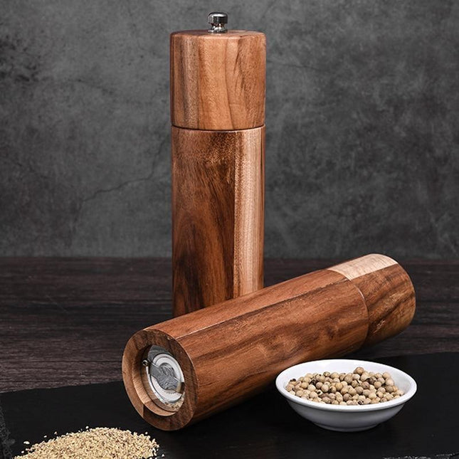 Młynki do soli i pieprzu z drewna akacjowego | Mechanizm młynka ceramicznego | 8,5" wysokość | Ręcznie wykonane naturalne drewno | Wyrafinowana zastawa stołowa | Łatwe w użyciu narzędzie kuchenne | Pudełko w zestawie