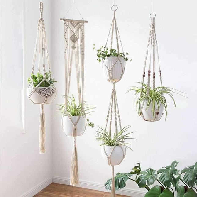 Zestaw Makramowych Wieszaków na Rośliny | 4 Częściowy Boho Dekor | Vintage Bawełniany Sznurek w Kolorze Kości Słoniowej | Zrób Doniczek do 18 cm | Przyjazny dla Środowiska i Trwały | Idealny do Wnętrz Domowych