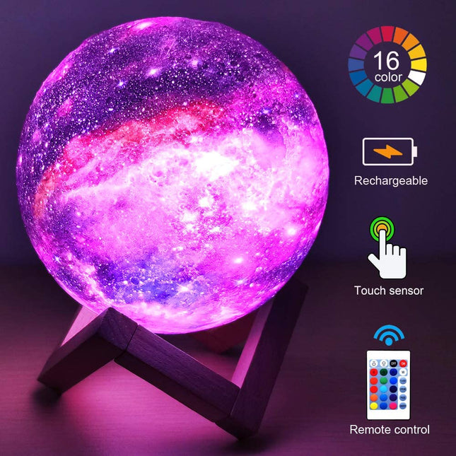 Lampka nocna Galaxy Mood | Lampa ładowana przez USB z 16 kolorami | dotknąć możliwości ściemniania za pomocą pilota | Drewniana rama | Do 15 godzin światła