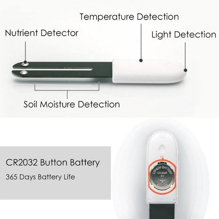 Inteligentny wodomierz roślinny | Czujnik stanu | Woododporny | Wykrywanie światła i temperatury | Połączenie aplikacji Bluetooth | Baza danych roślinnych | Lampka kontrolna | Bateria CR2032 w zestawie